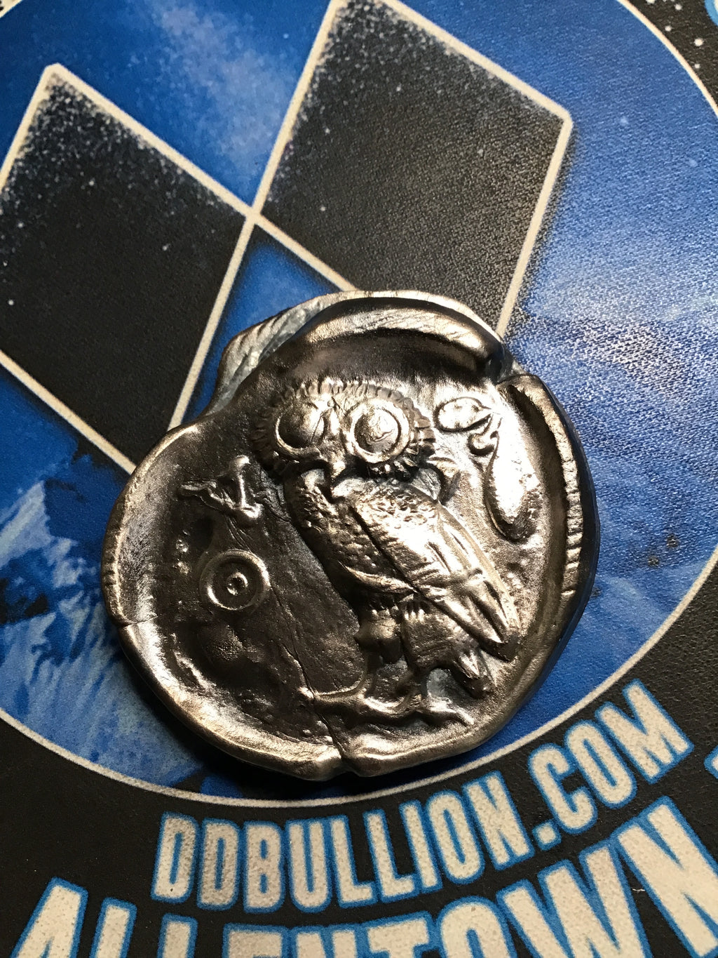 5 oz. troy Athens Athena Owl Hand Poured Silver Round- .999 FS