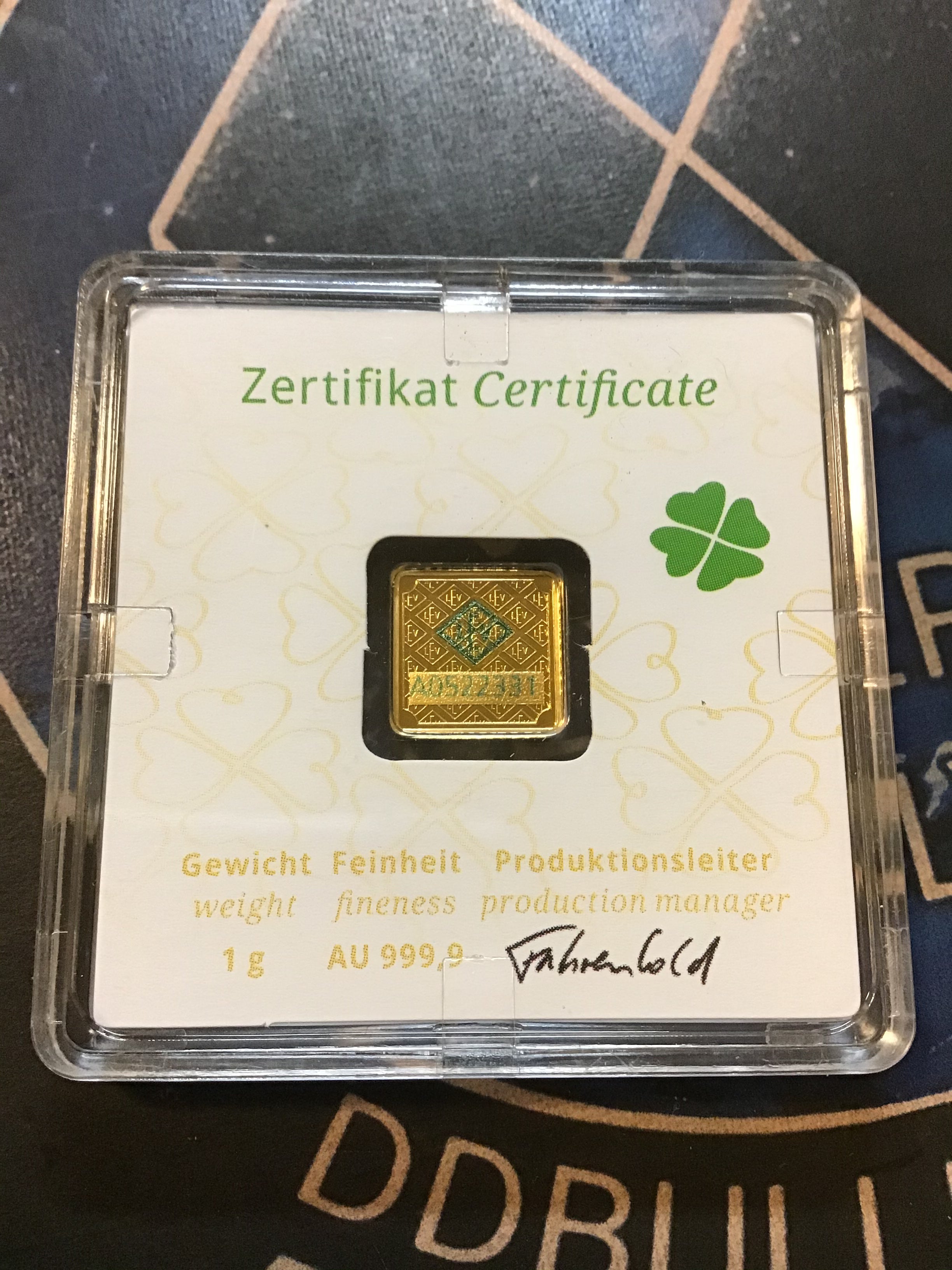 1 gram Geiger Edelmetalle Sealed Fractional Gold Assay-Shamrock