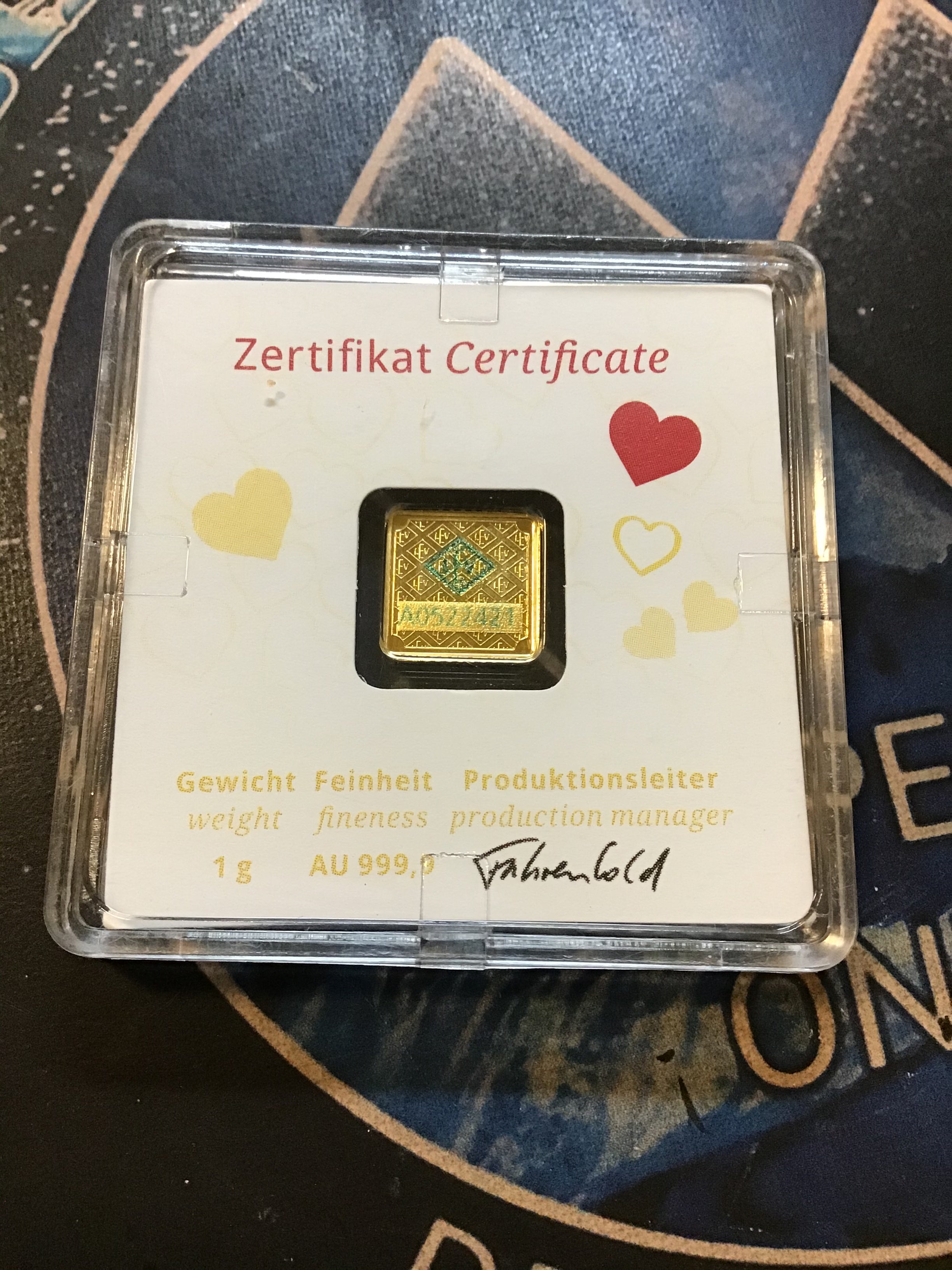 1 gram Geiger Edelmetalle Sealed Fractional Gold Assay- Love Heart